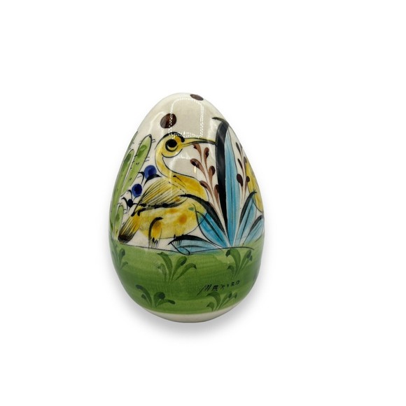 Mexican Pottery Handpainted & Glazed Egg Tonala Style Yellow Birds Cactus 6” Egg - Picture 3 of 9